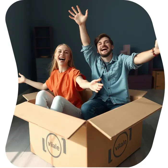 Two guys sitting on the floor of their apartment with Muval moving boxes